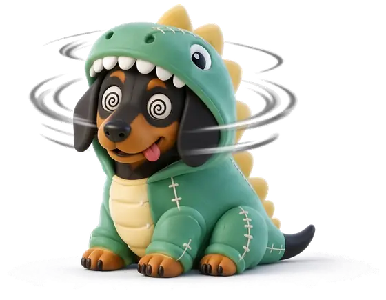 Un chiot teckel en costume de dinosaure